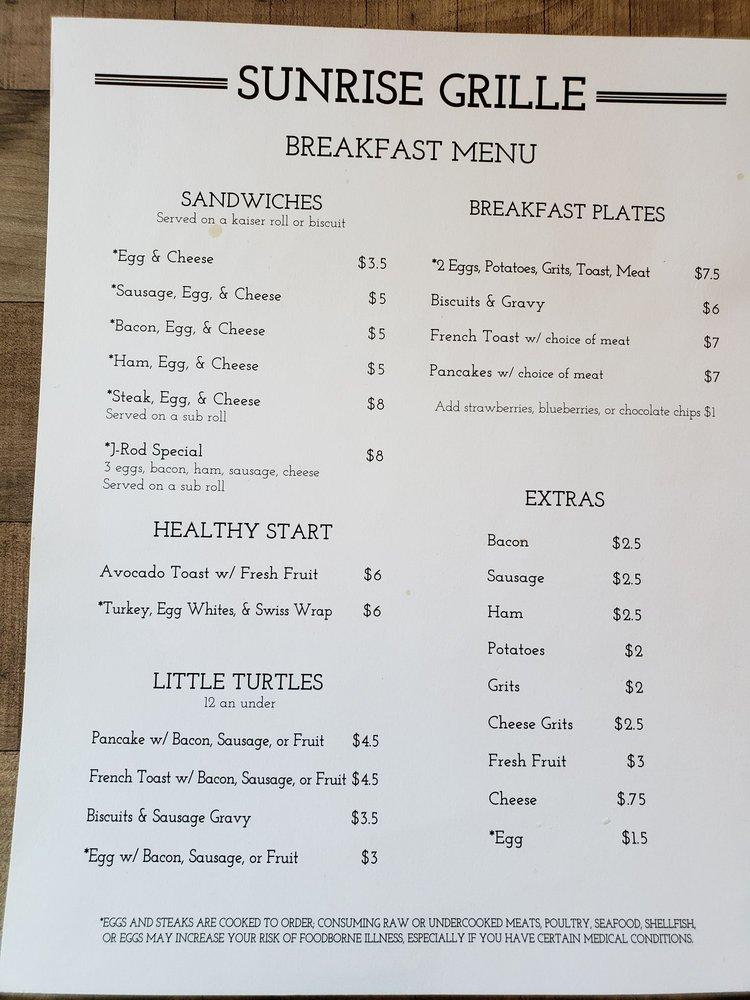 Menu at Sunrise Grille restaurant, Jekyll Island