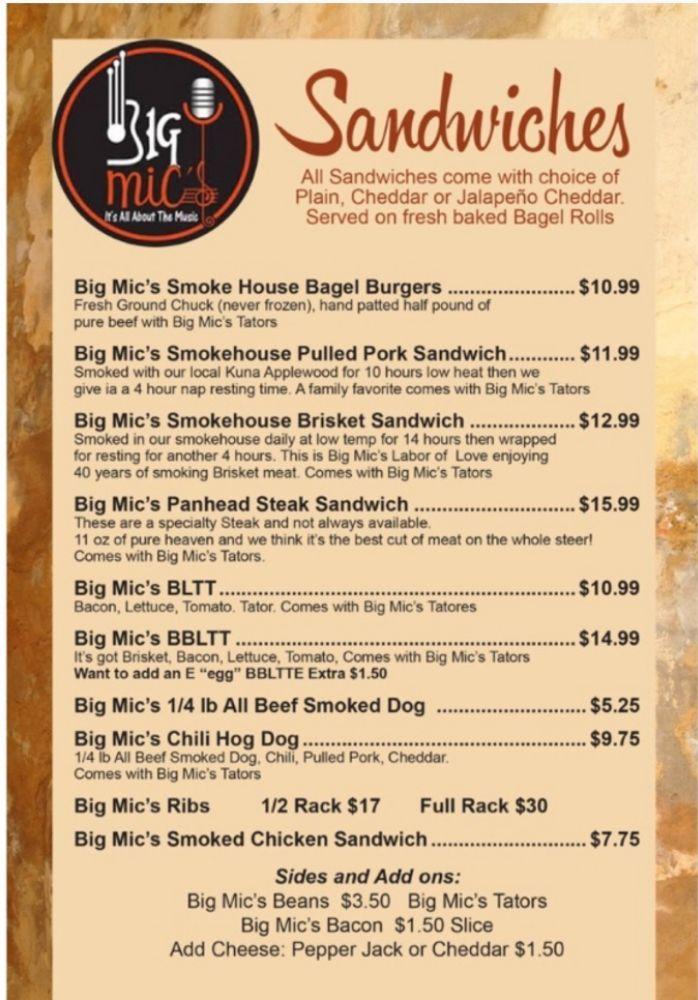 Menu At Big Mic S Saloon Bbq Smokehouse Kuna