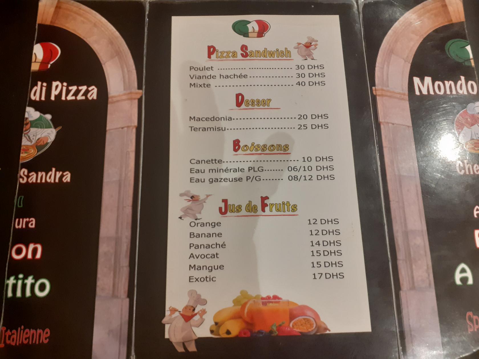Menu at mondo di pasta pizza Marrakech restaurant, Marrakesh