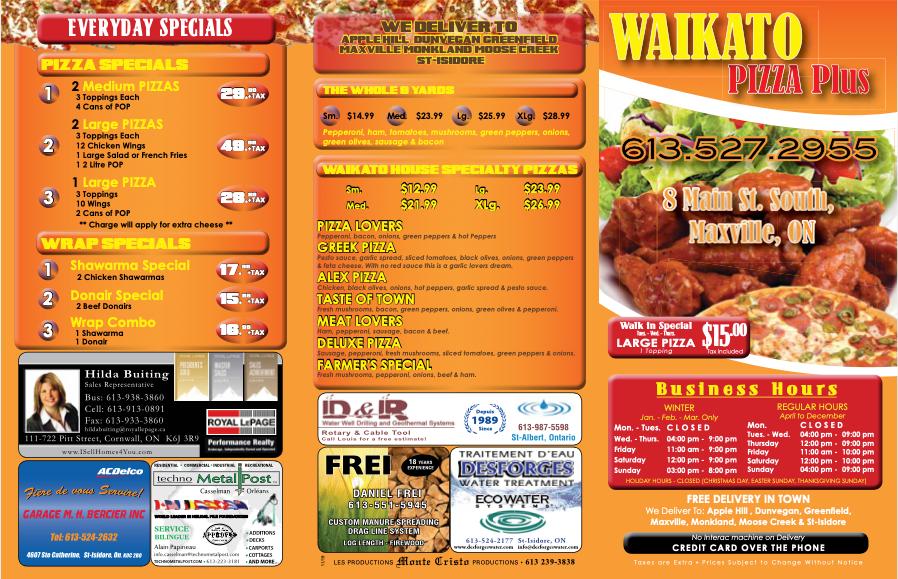 Menu at Waikato Pizza Plus pizzeria, Maxville