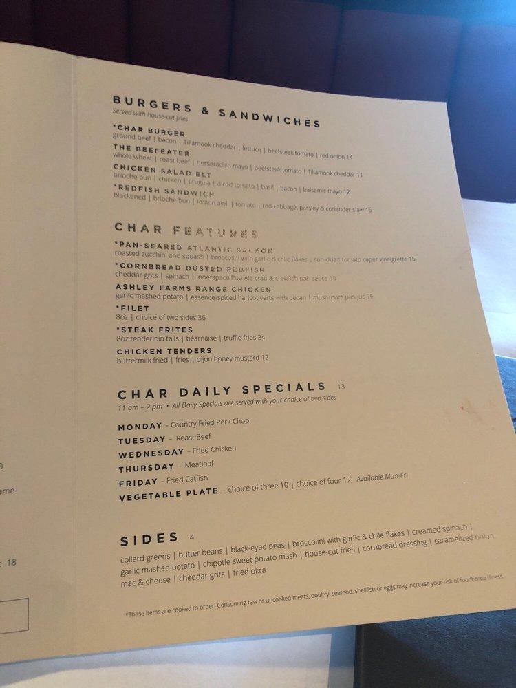 Menu at Char Restaurant, Huntsville