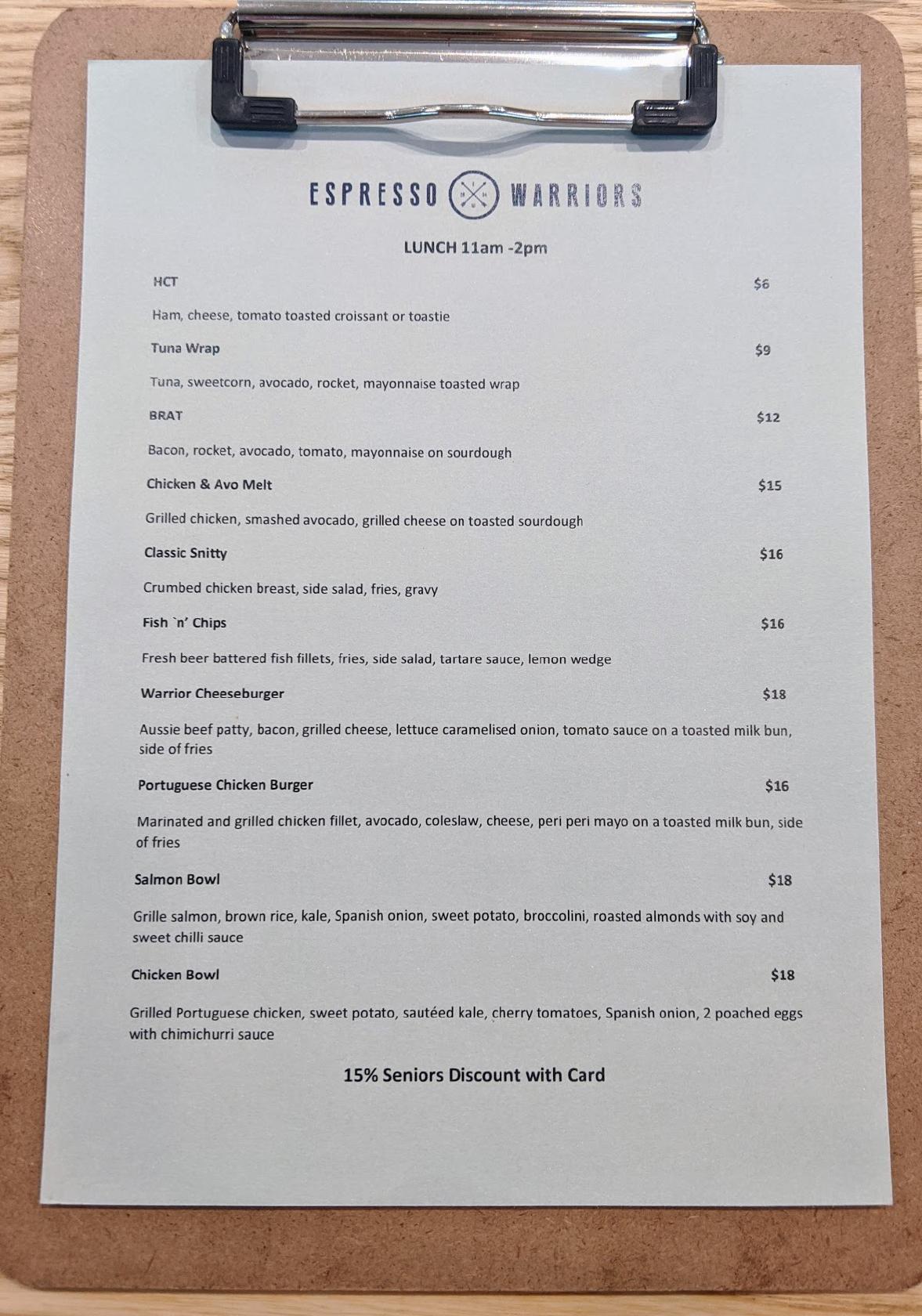 Menu at Espresso Warriors cafe, Mount Hutton