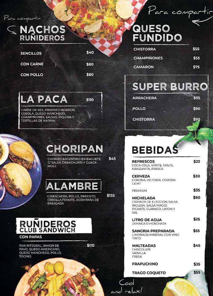 Menu at Ruñideros restaurant, Rioverde