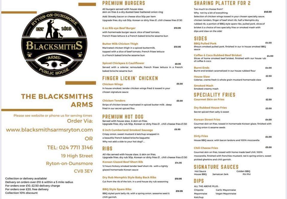 Menu at The Blacksmiths Arms pub & bar, Coventry, 19 High St