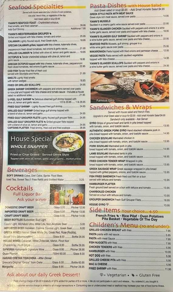 Menu at Yianni's Greek Cuisine restaurant, Tarpon Springs