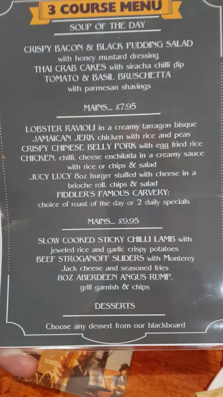 Menu at The Fiddlers Three pub & bar, Gateshead