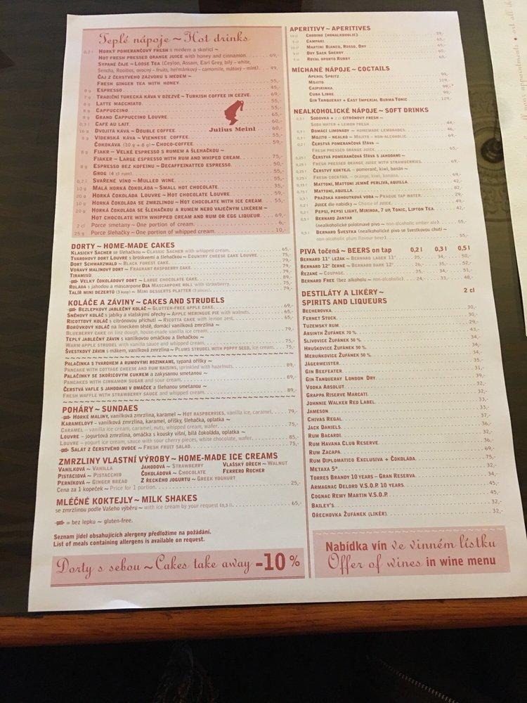 Menu at Café Louvre cafe, Prague, Národní 22