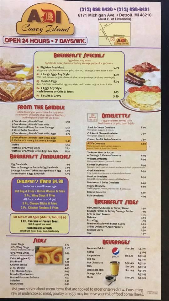 Menu at Adi Coney Island restaurant, Detroit