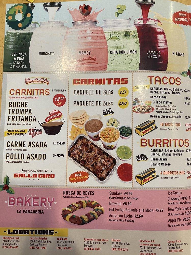 Carta del restaurante El Gallo Giro, Anaheim
