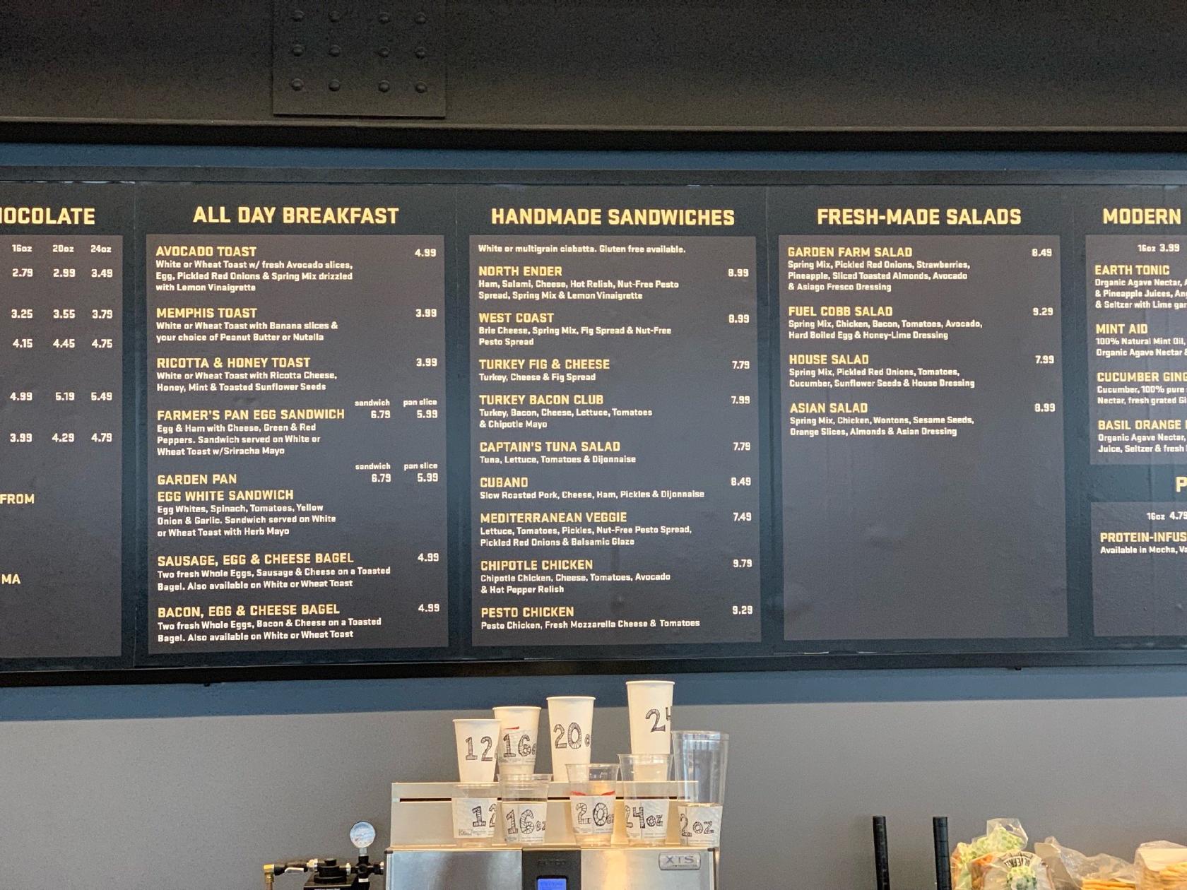 Menu at Fuel America cafe, Worcester