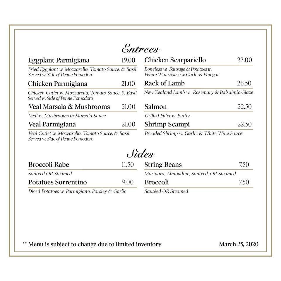 Menu at Gargiulo's Tinton Falls restaurant, Tinton Falls