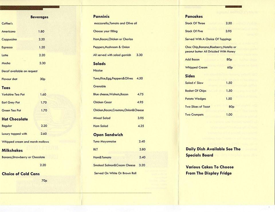 Menu at Myleys Coffee Lounge cafe, Halifax