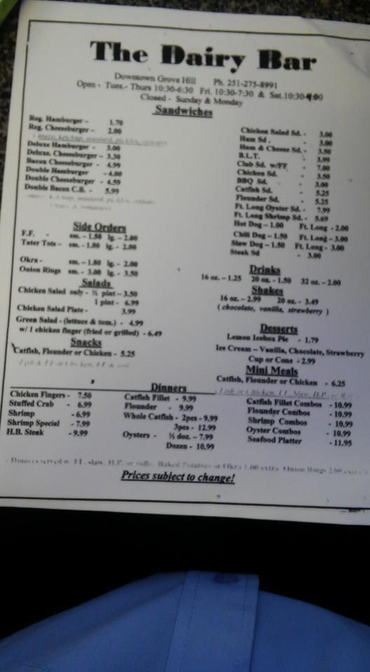 Menu at The Dairy Bar, Grove Hill, 116 Main St