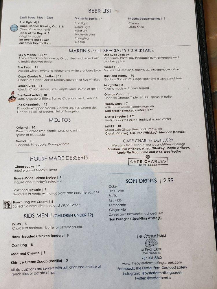 Menu at Oyster Farm Seafood Eatery steakhouse, Cape Charles