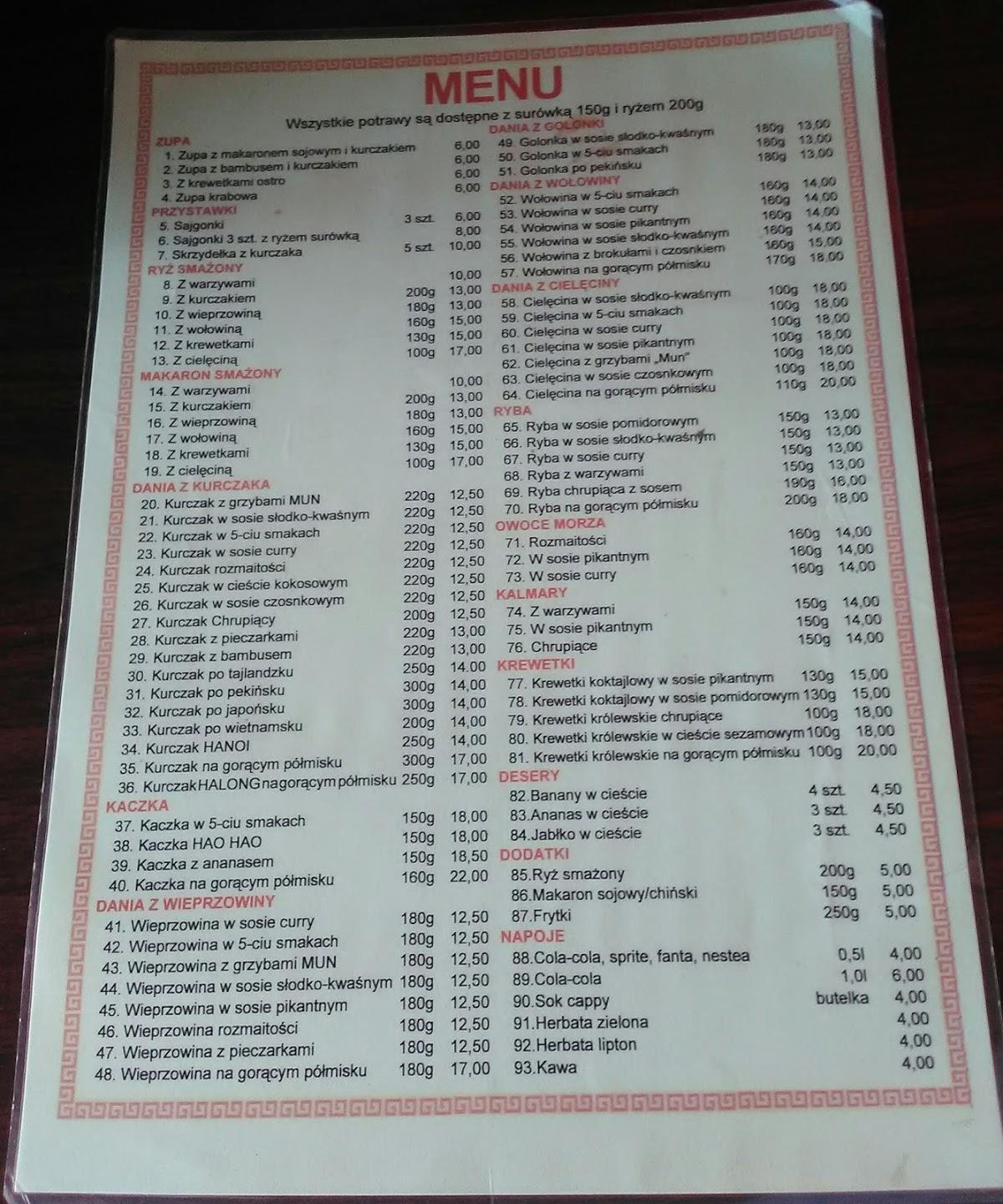 Menu at Bar HaNoi, Radom