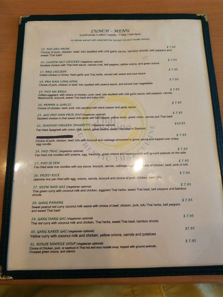 Menu at Thai Jasmine restaurant, Tracy
