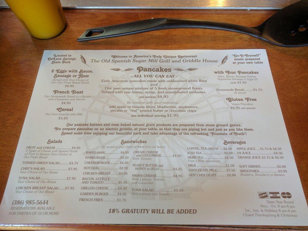 Menu at The Old Spanish Sugar Mill restaurant, De Leon Springs
