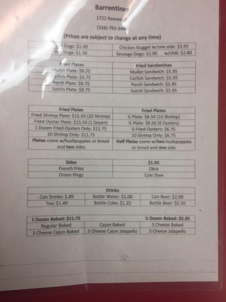 Menu at Barrentine Fish Market & Oyster Bar, Dothan