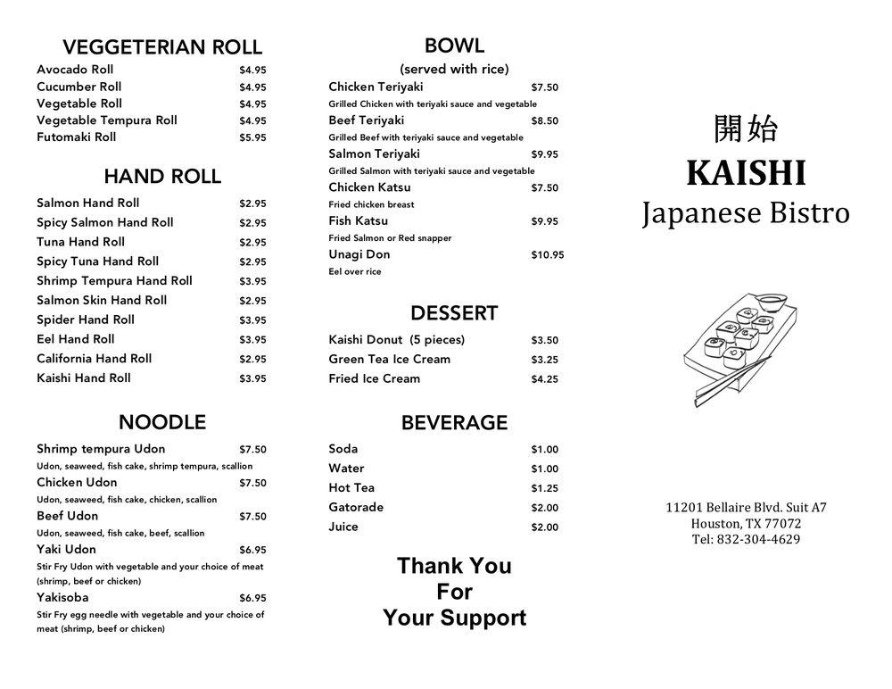 Menu at Kaishi Asian Bistro restaurant, Houston