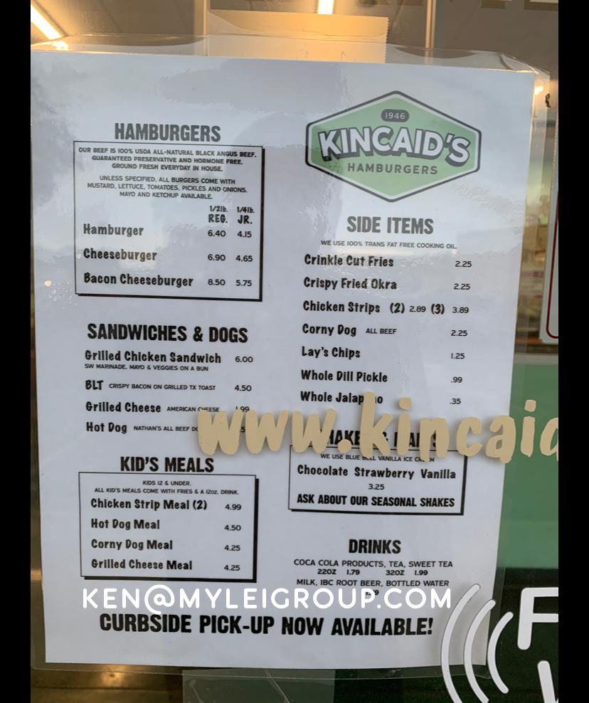 Menu at Kincaid's Hamburgers restaurant, Fort Worth, Overton Ridge Blvd