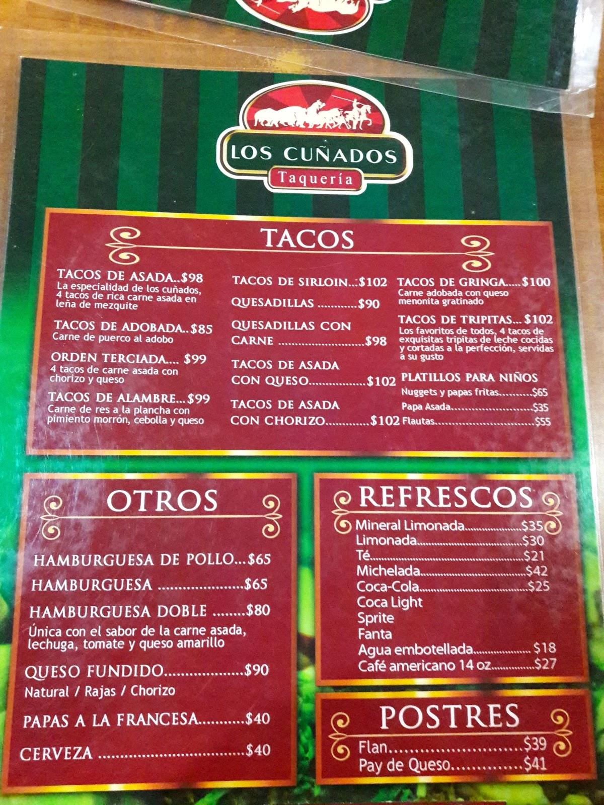 Menu at Los Cuñados Taquería restaurant, Ciudad Juarez, Av. Paseo 