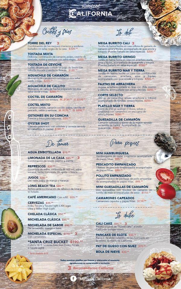 Menu at Mariscos California restaurant, Camargo