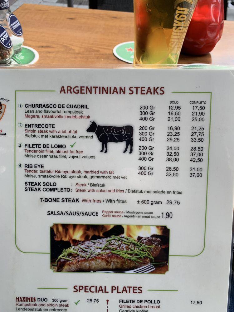Menu at Maximus Steakhouse, Amsterdam, Max Euweplein 27