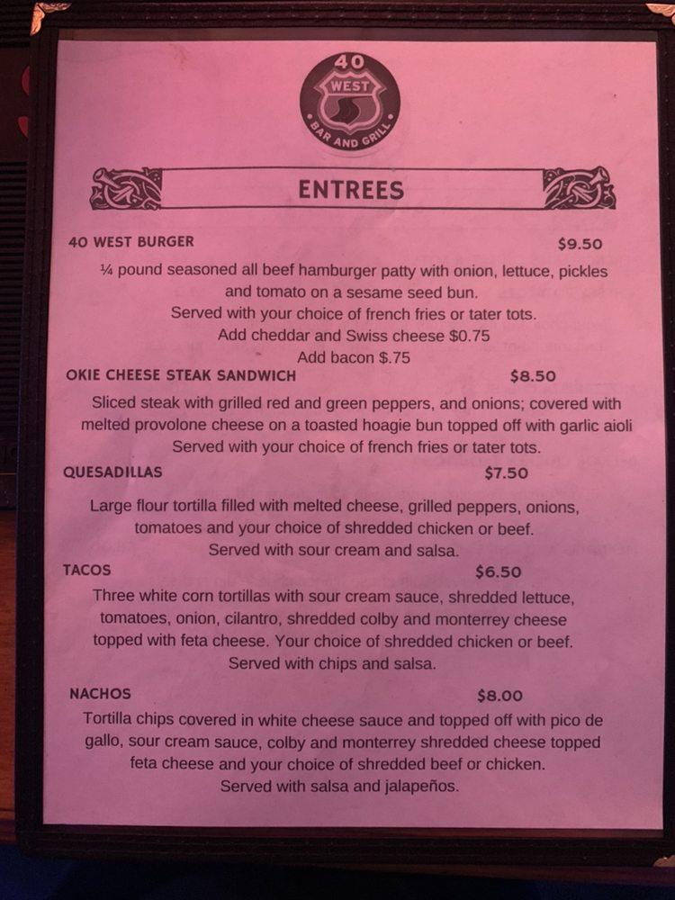 Menu at 40 WEST Premier Entertainment Company (Studio/Venue/Bar/Grill