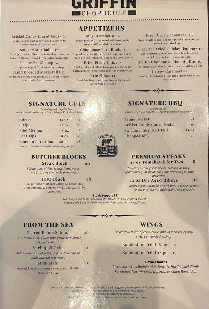 Menu at Griffin Chophouse BBQ, Lexington