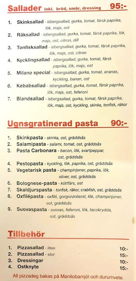 Menu at Pizzeria Milano, Gällivare
