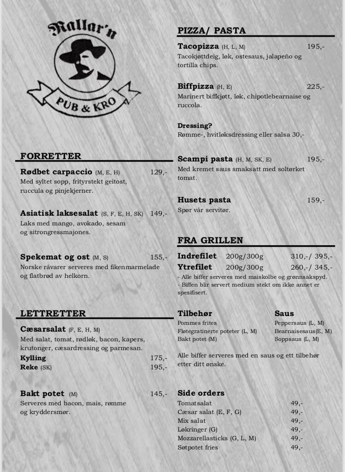 Menu at Rallar'n Pub & Kro, Narvik