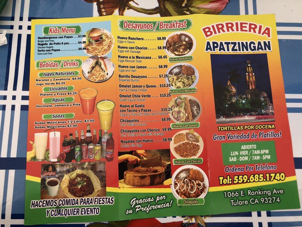 Menu at Birrieria Apatzingan restaurant, Tulare