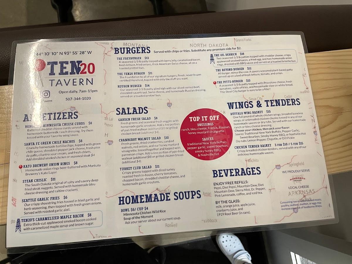 Menu at Ten20 Tavern restaurant, Mankato