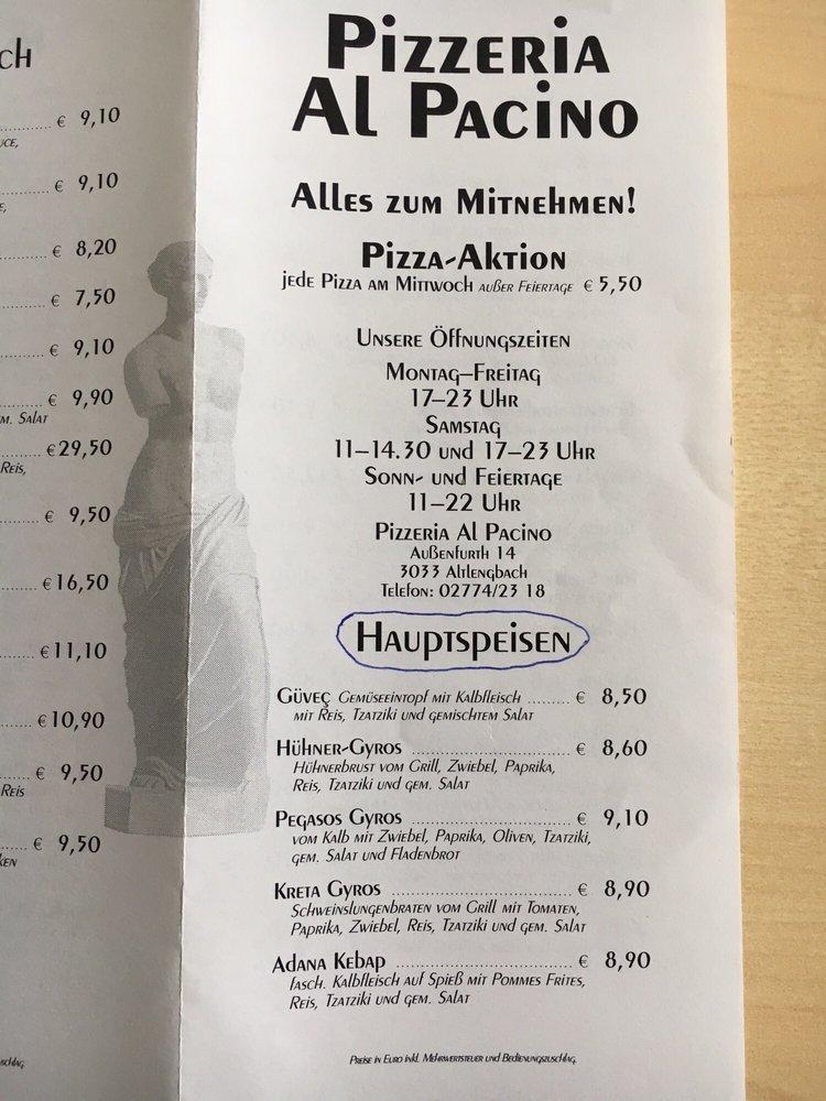Speisekarte von Pizzeria Al Pacino (Cafe-Restaurant), Altlengbach