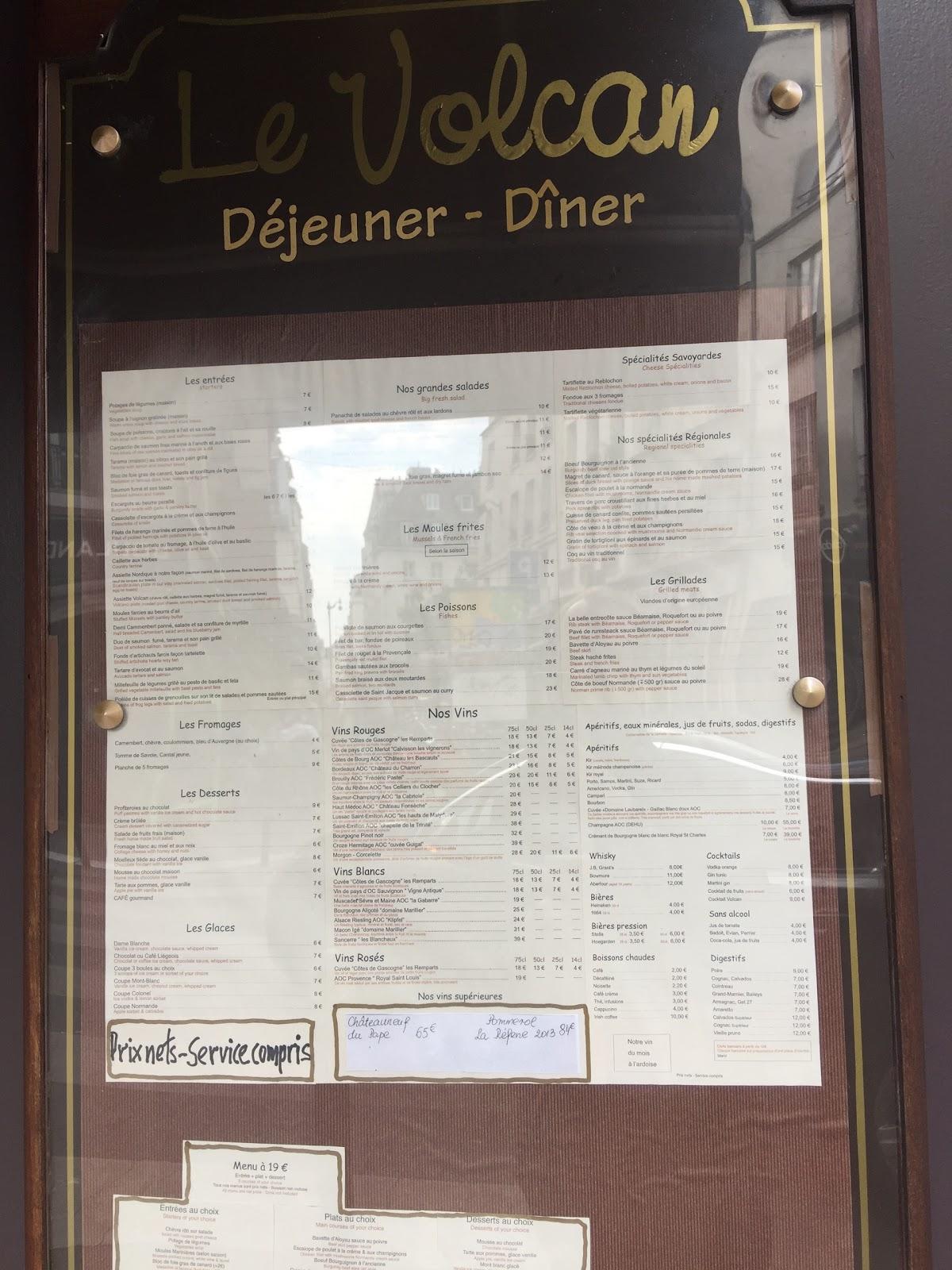 Menu at Le Volcan restaurant, Paris
