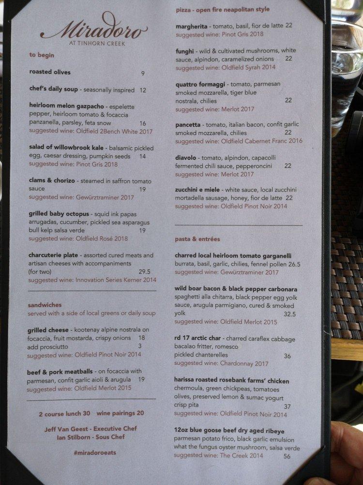 Menu at Miradoro Restaurant at Tinhorn Creek, Oliver, 537 Tinhorn Creek Rd