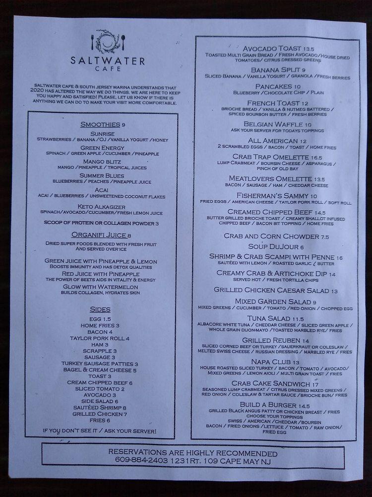 Menu at Saltwater Cafe, Cape May