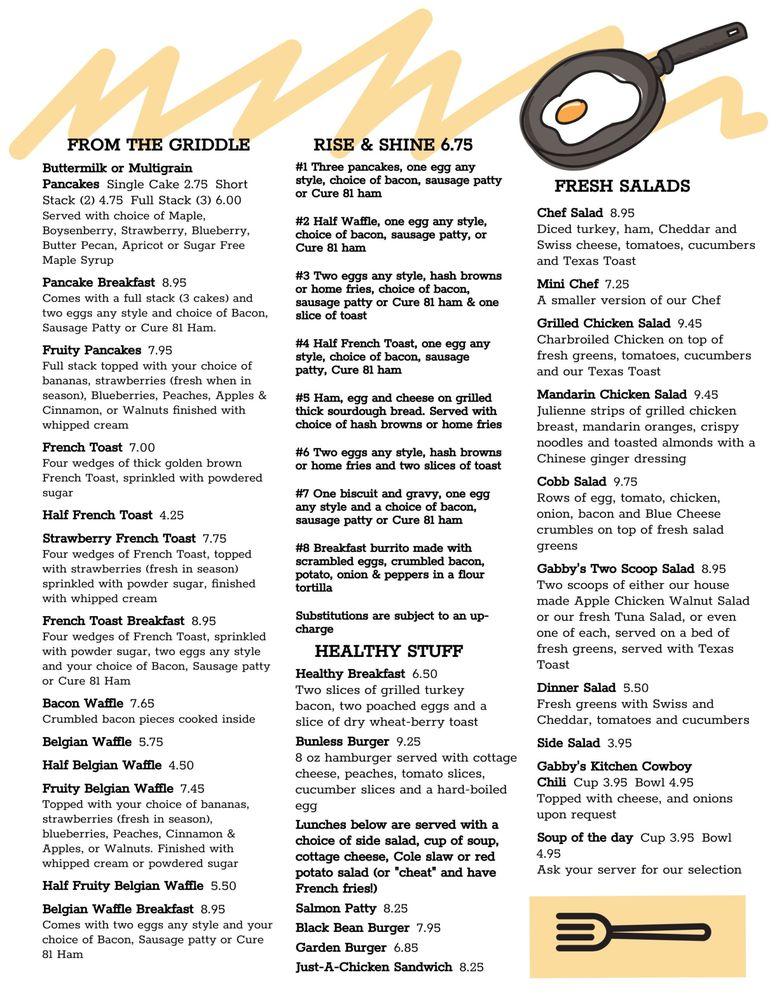 Menu at Gabby's Kitchen restaurant, Chino Valley, AZ89