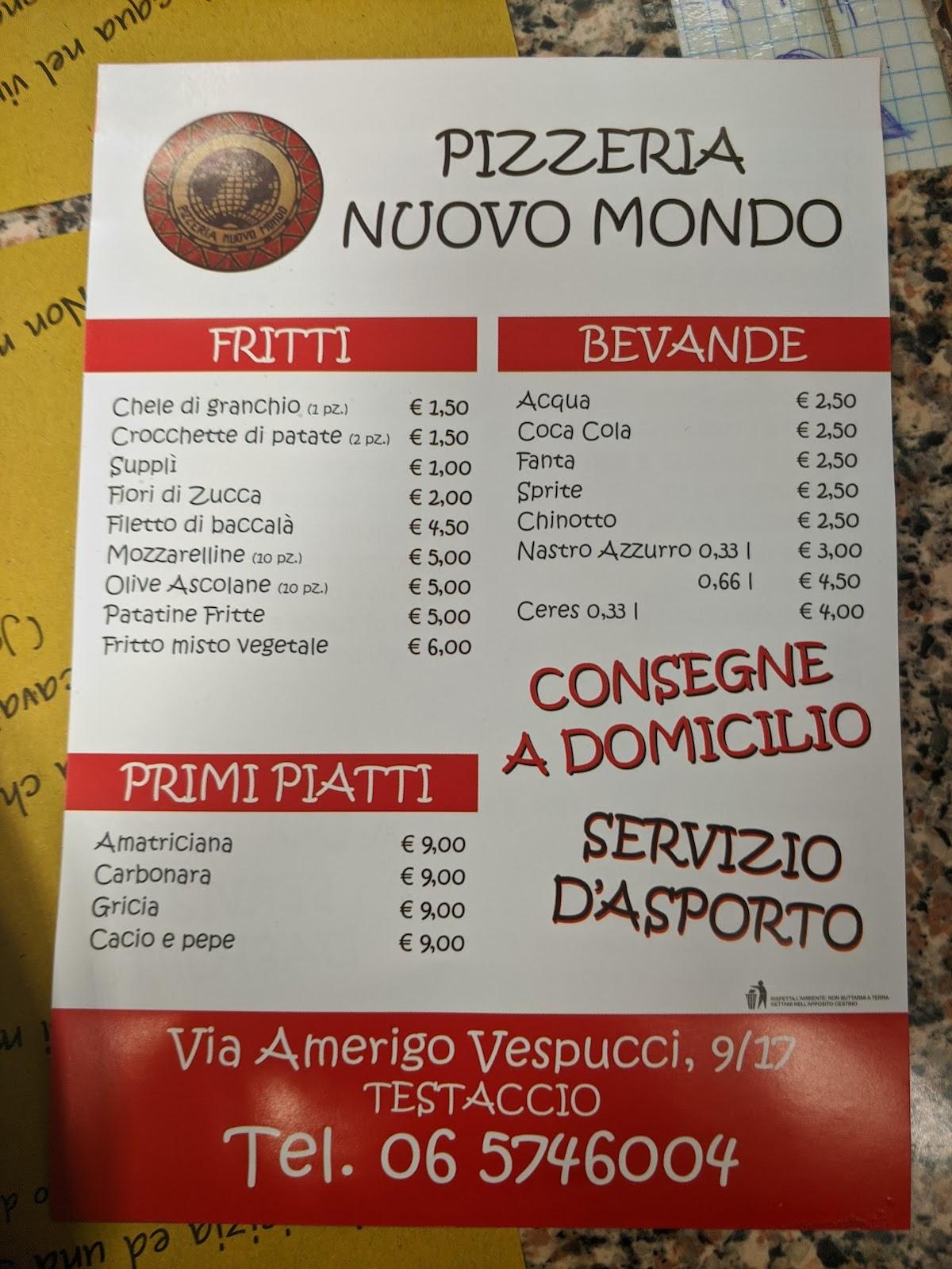 Menu da Nuovo Mondo pizzeria, Roma