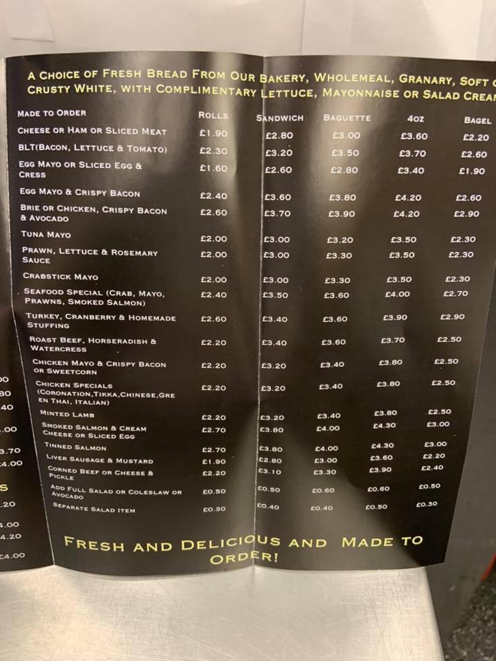 Menu at Shenfield Bakery, Brentwood