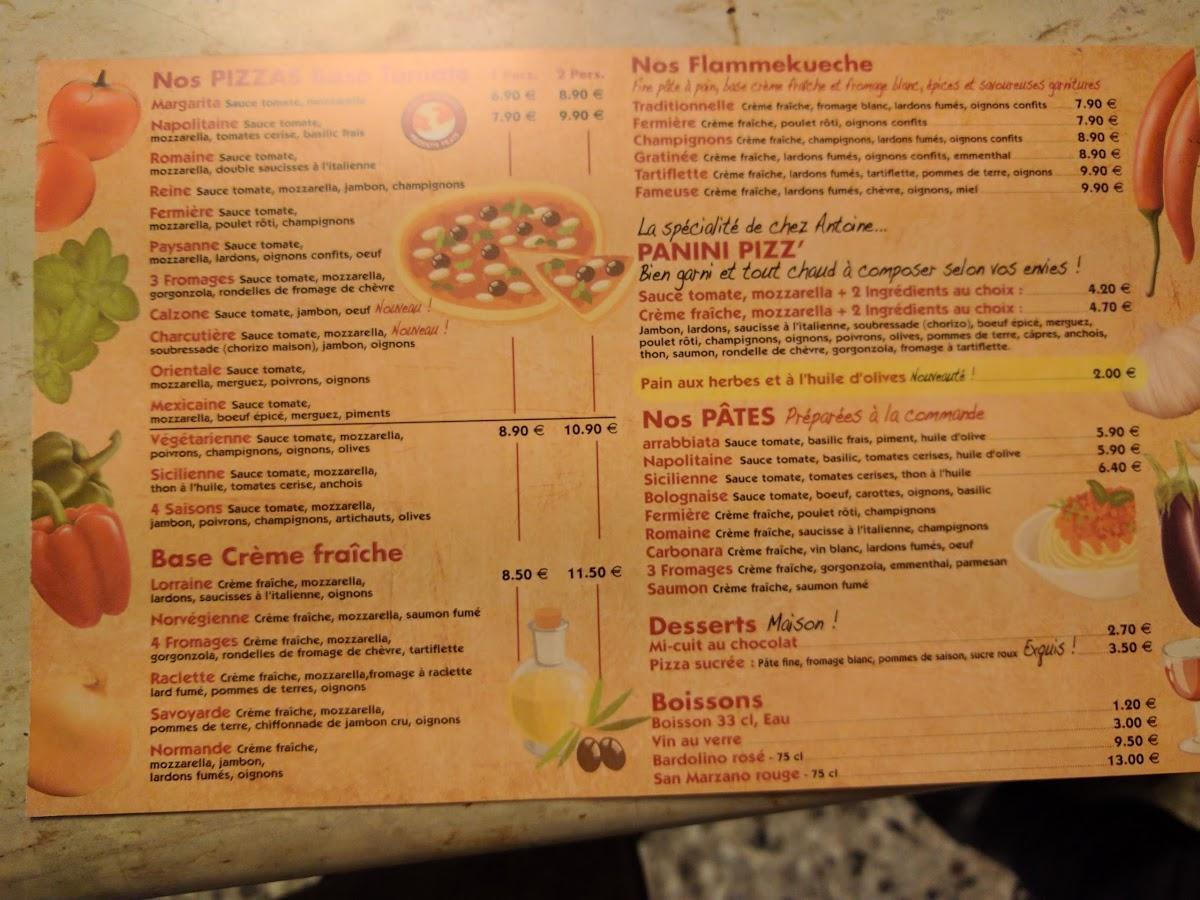 Menu au Chez Antoine pizzeria, Vincennes, 2 Av. de la République