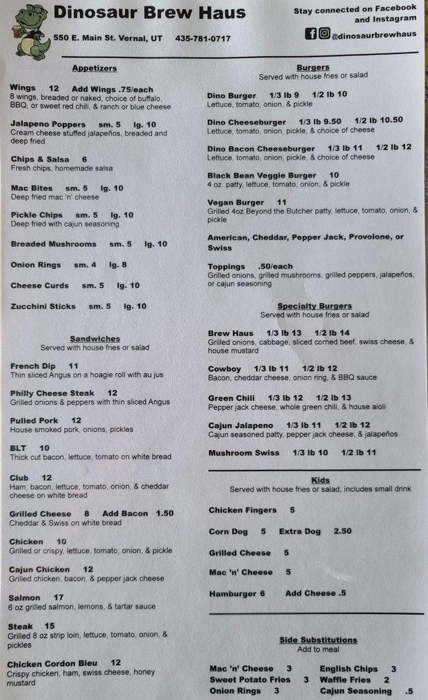 Menu at Dinosaur Brew Haus pub & bar, Vernal