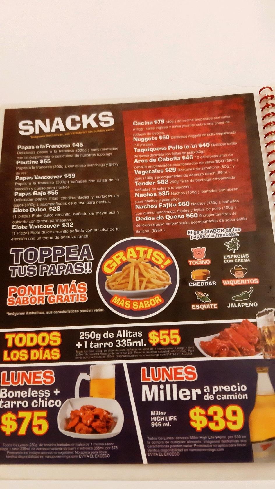 Menu at Vancouver Wings restaurant, Aguascalientes, Blvd. Luis Donaldo  Colosio Murrieta 515