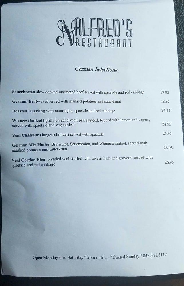 Menu at Alfred's Restaurant, Hilton Head Island, 807 William Hilton