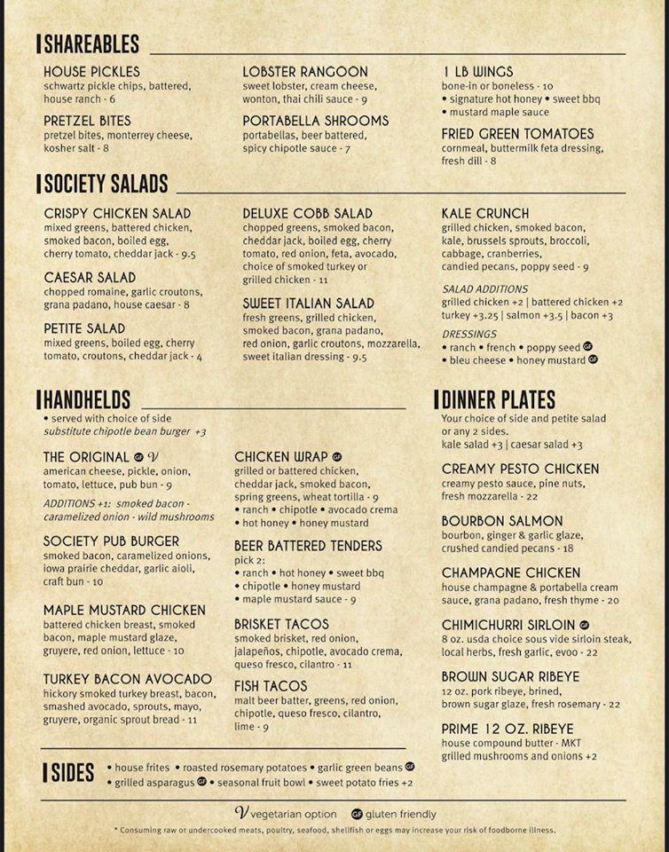 Menu at Blind Society pub & bar, Vandalia