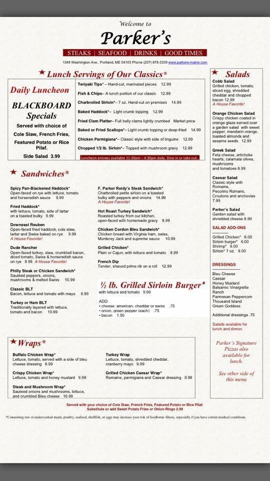 Menu at Parker's Restaurant, Portland