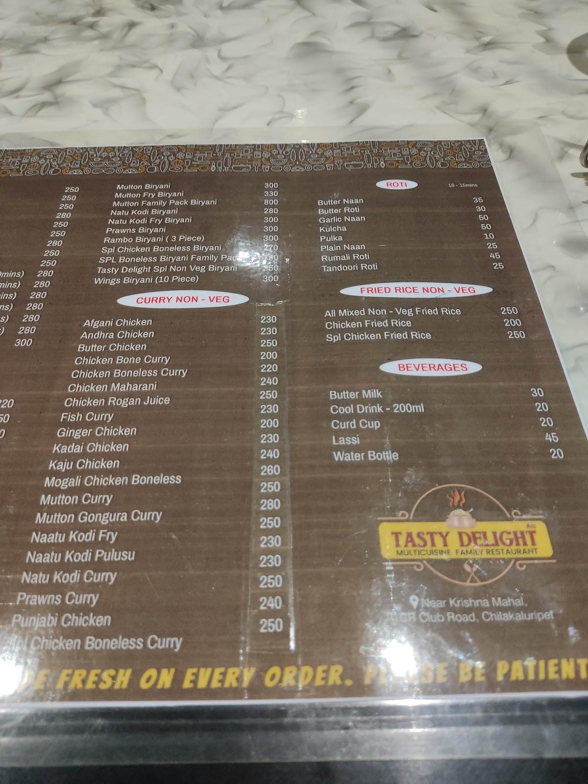 Tasty Delight Family Restaurant menu