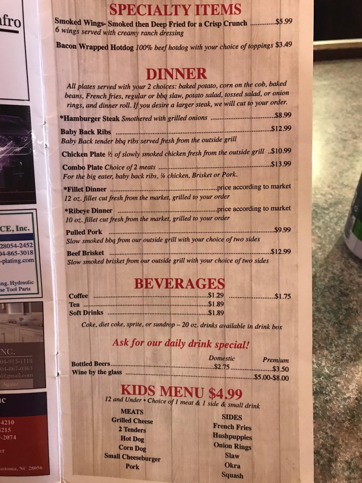 Menu at Ray's Country SmokehouseGrill restaurant, Gastonia