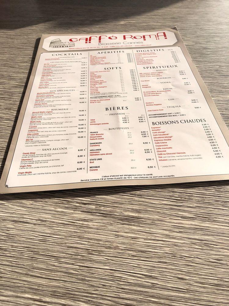 Menu at Caffé Roma cafe, Cannes