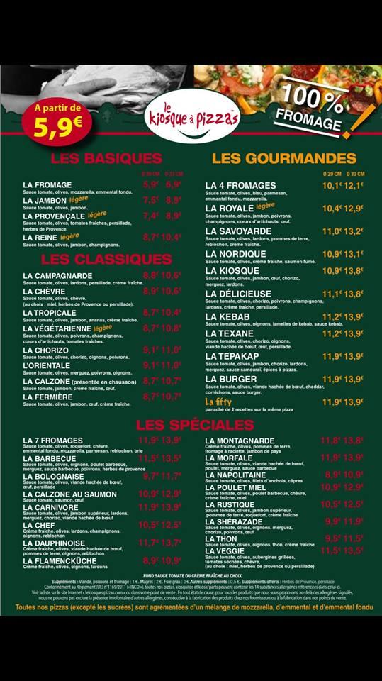 Menu au Le Kiosque à Pizzas de Rubelles MELUN pizzeria, Rubelles